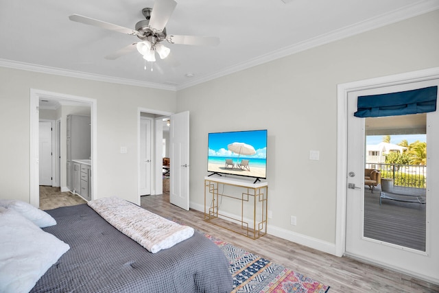 bedroom with ceiling fan, light hardwood / wood-style floors, and crown molding