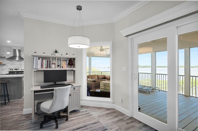 office space with ornamental molding and wood-type flooring