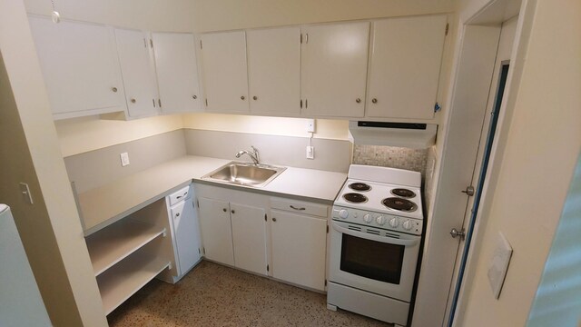 kitchen with white cabinetry, sink, and white electric range oven