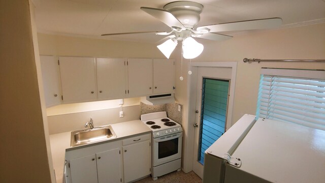 kitchen featuring white cabinetry, sink, white electric stove, and ceiling fan