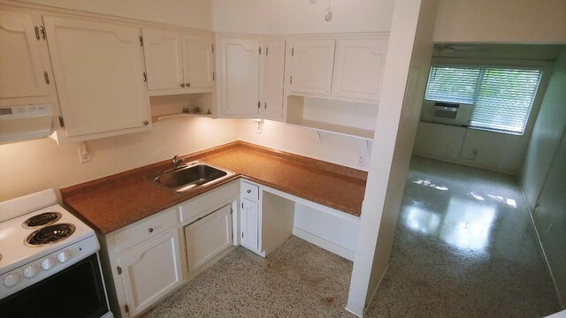 kitchen with sink, white range with electric cooktop, cooling unit, extractor fan, and white cabinets