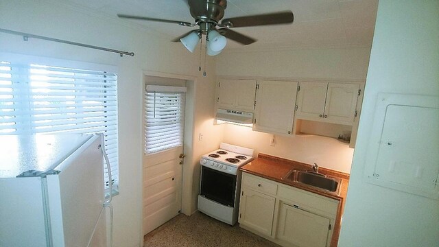 kitchen with ceiling fan, white appliances, sink, and white cabinets