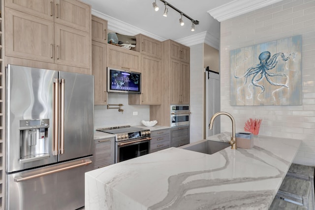 1001 United St Unit B, Key West, FL 33040 - kitchen with stainless steel appliances, ornamental molding, light stone countertops, decorative backsplash, and light brown cabinets