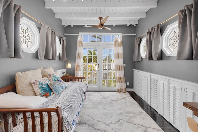 1001 United St Unit B, Key West, FL 33040 - bedroom with french doors, wood finished floors, a wood ceiling with exposed beams, and access to outside