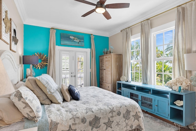 1001 United St Unit B, Key West, FL 33040 - bedroom featuring crown molding, multiple windows, access to exterior, a ceiling fan, and french doors