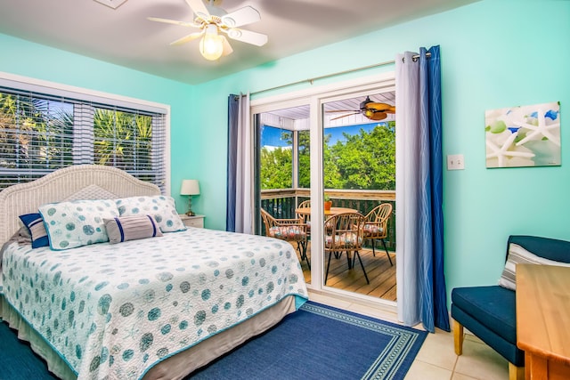 tiled bedroom with access to exterior and ceiling fan