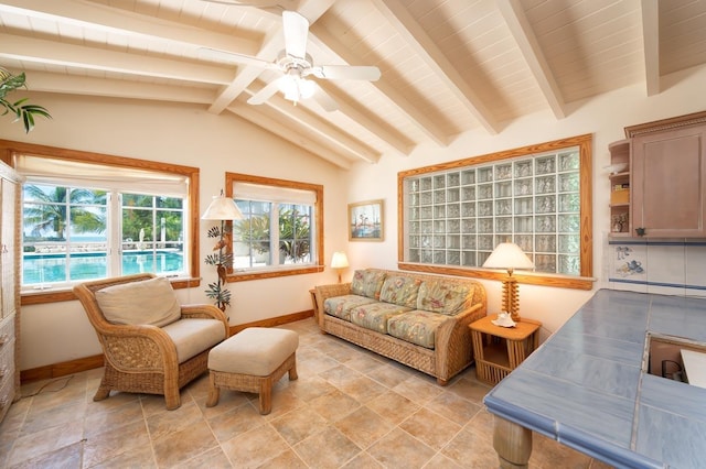 living room with wood ceiling, ceiling fan, and lofted ceiling with beams