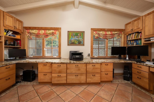 home office featuring light tile patterned flooring, vaulted ceiling with beams, built in desk, and wood ceiling