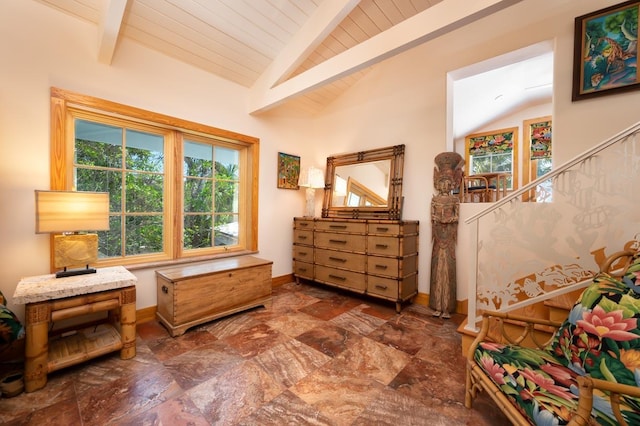 sitting room featuring lofted ceiling with beams and wooden ceiling