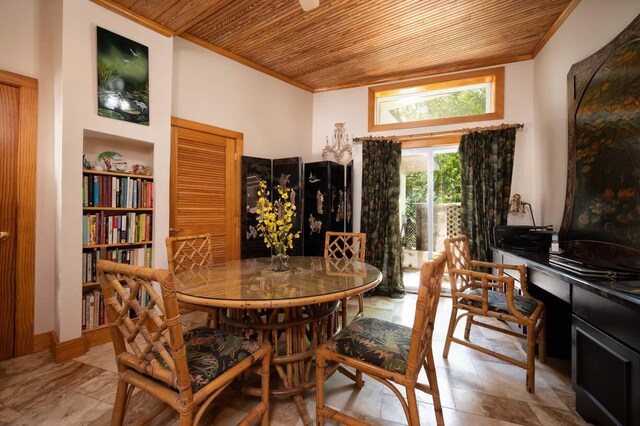 dining room with crown molding, built in shelves, and wooden ceiling