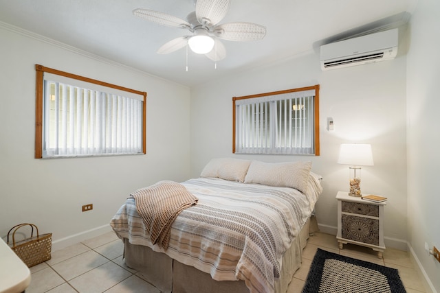 tiled bedroom with crown molding, ceiling fan, and a wall mounted air conditioner