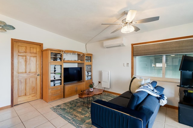 living room with light tile patterned flooring, ceiling fan, vaulted ceiling, and an AC wall unit