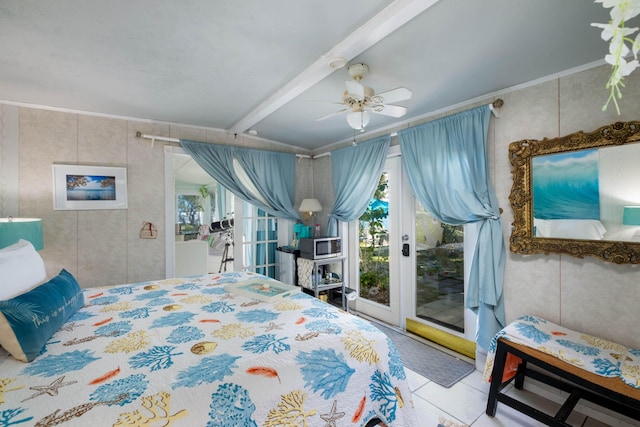 bedroom featuring crown molding, ceiling fan, access to exterior, and vaulted ceiling with beams