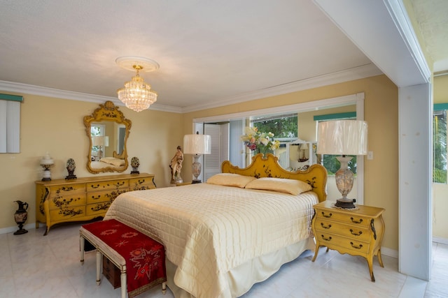 tiled bedroom featuring crown molding and an inviting chandelier