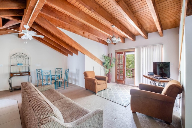 living room with vaulted ceiling with beams, wood ceiling, ceiling fan with notable chandelier, and carpet