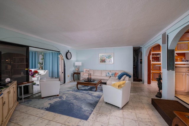 living room featuring a textured ceiling