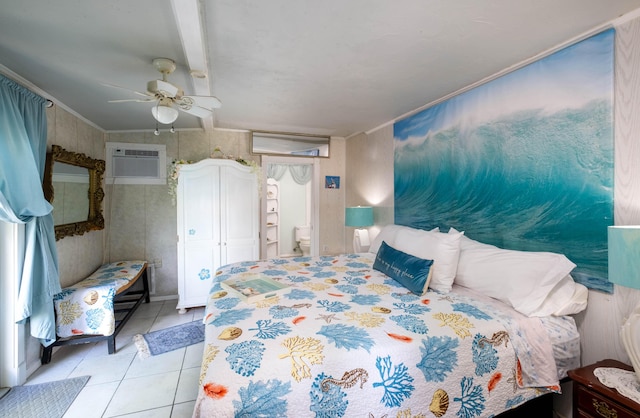 bedroom featuring ceiling fan, ornamental molding, a wall mounted AC, and light tile patterned flooring