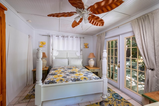 bedroom featuring light tile patterned flooring, ceiling fan, crown molding, and multiple windows