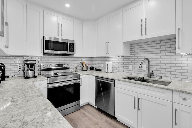 kitchen with stainless steel appliances, white cabinetry, sink, and decorative backsplash