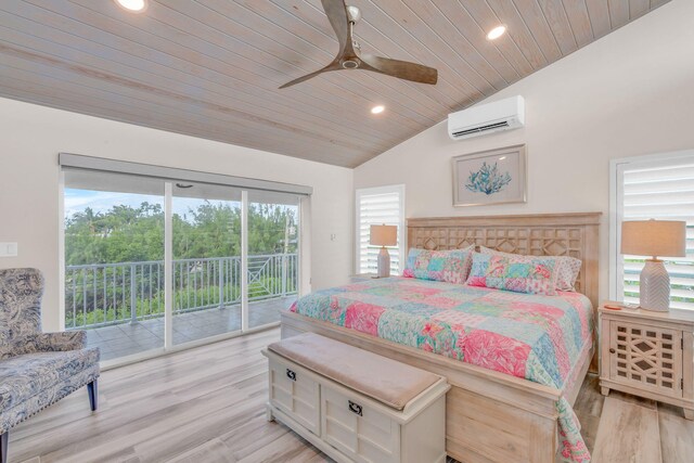 bedroom with vaulted ceiling, a wall unit AC, access to outside, wood ceiling, and light wood-type flooring