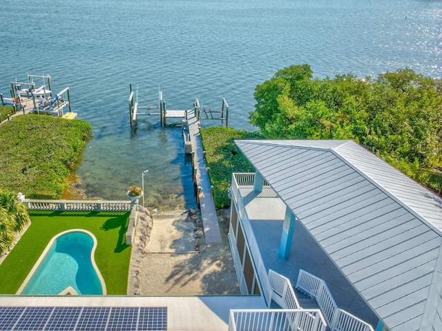 drone / aerial view featuring a water view