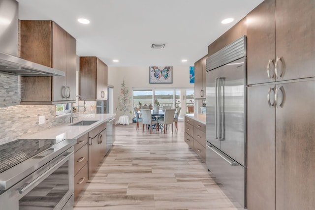 kitchen with sink, light hardwood / wood-style flooring, stainless steel appliances, decorative backsplash, and wall chimney range hood