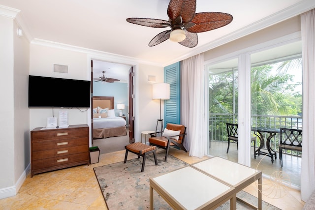 81801 Overseas Hwy Unit 754, Islamorada, FL 33036 - bedroom with ornamental molding, access to exterior, ceiling fan, baseboards, and light tile patterned floors