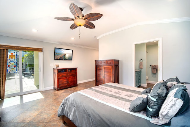 bedroom featuring lofted ceiling, connected bathroom, crown molding, and access to outside