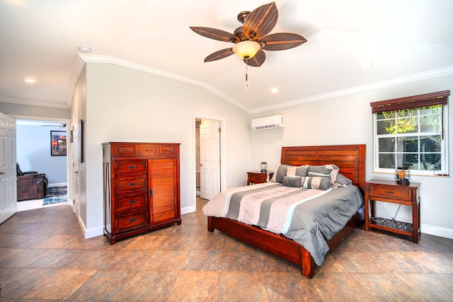 bedroom featuring ceiling fan, crown molding, vaulted ceiling, and a wall mounted AC