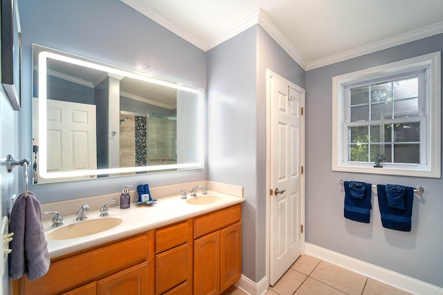 bathroom with crown molding, walk in shower, tile patterned floors, and vanity