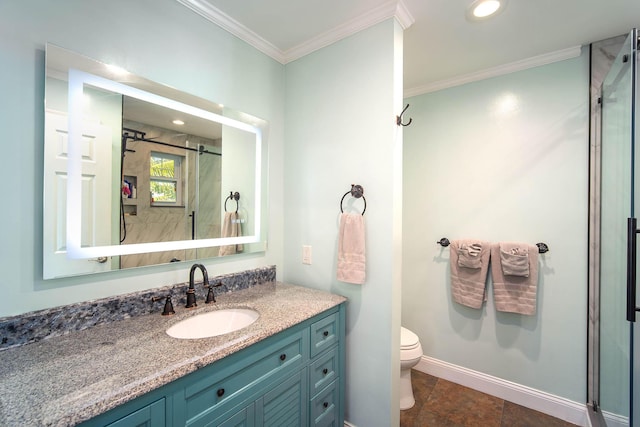 bathroom with vanity, ornamental molding, toilet, and walk in shower