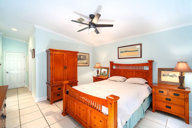 bedroom with crown molding, light tile patterned floors, and ceiling fan