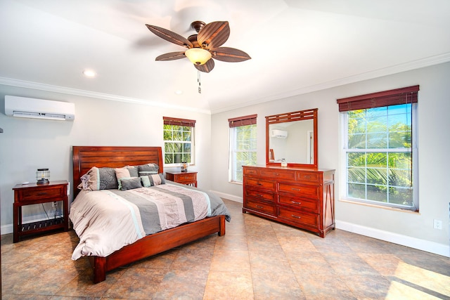 bedroom with ceiling fan, crown molding, and a wall mounted AC