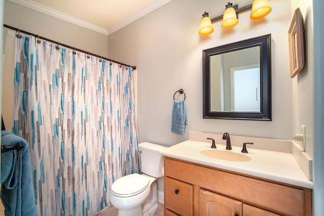 bathroom featuring vanity, crown molding, curtained shower, and toilet