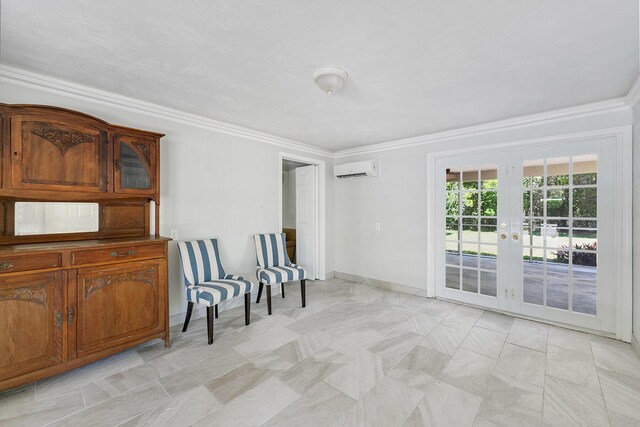 living area with crown molding, french doors, and an AC wall unit