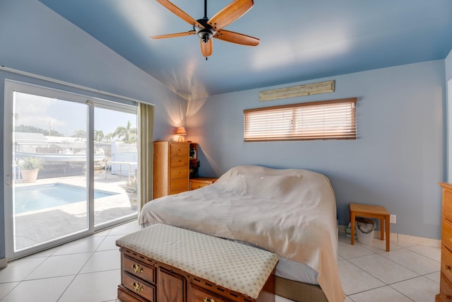 bedroom featuring lofted ceiling, access to outside, ceiling fan, and light tile patterned floors