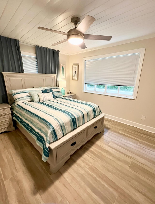 bedroom with light wood finished floors, wood ceiling, baseboards, and ceiling fan