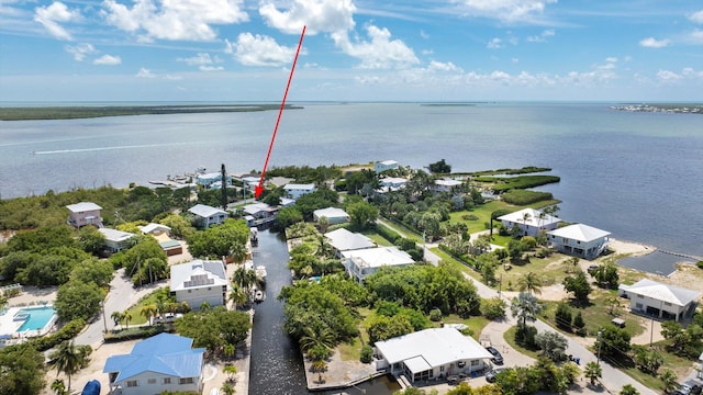 bird's eye view with a water view