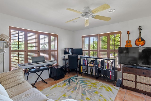 interior space featuring a ceiling fan