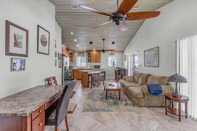 living room with high vaulted ceiling, sink, light tile patterned floors, ceiling fan, and wooden ceiling