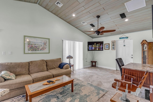 living room with ceiling fan, high vaulted ceiling, and wooden ceiling