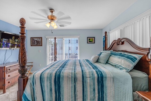 bedroom featuring access to exterior and ceiling fan