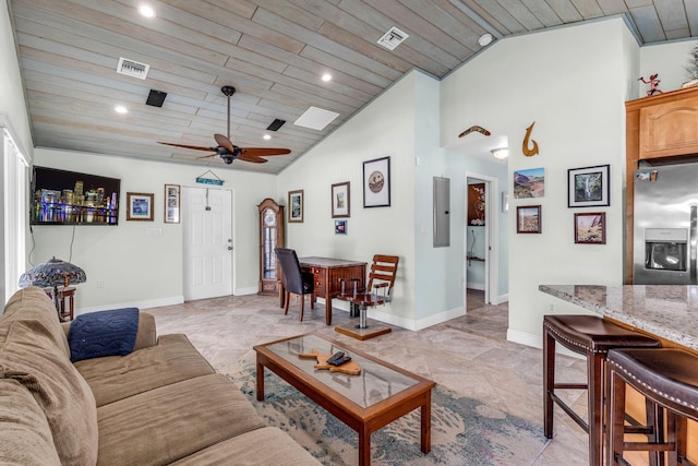 living room with vaulted ceiling, ceiling fan, wood ceiling, and electric panel