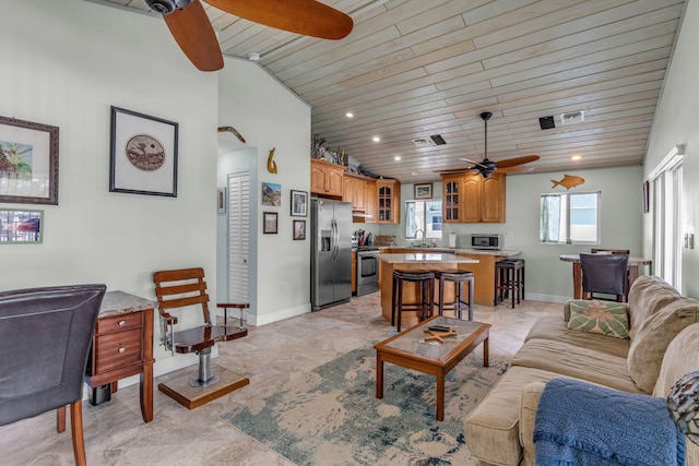 living room with ceiling fan, lofted ceiling, sink, and wooden ceiling