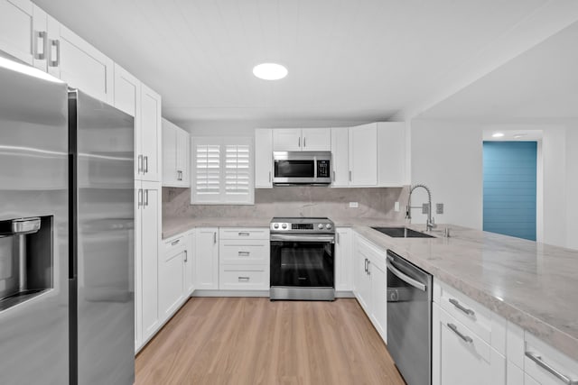 kitchen with appliances with stainless steel finishes, tasteful backsplash, sink, white cabinets, and light stone counters