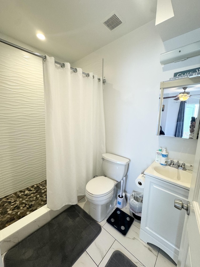 full bath with marble finish floor, visible vents, toilet, vanity, and tiled shower