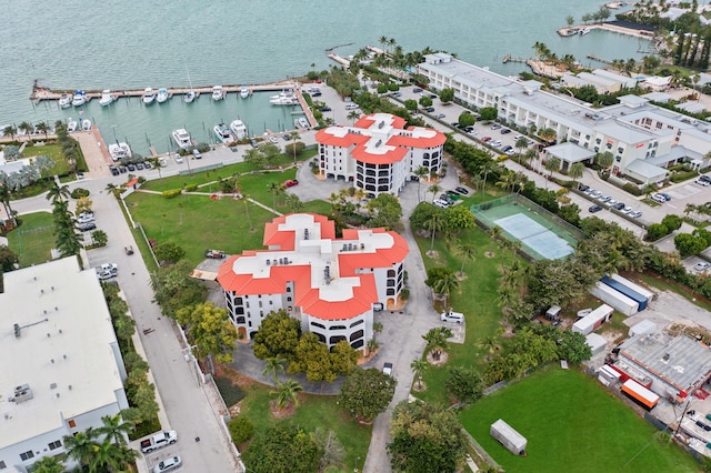 aerial view featuring a water view