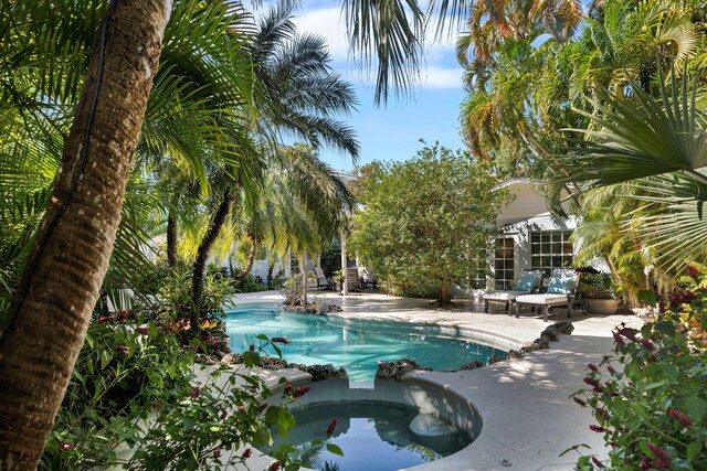 view of swimming pool with a patio and an in ground hot tub