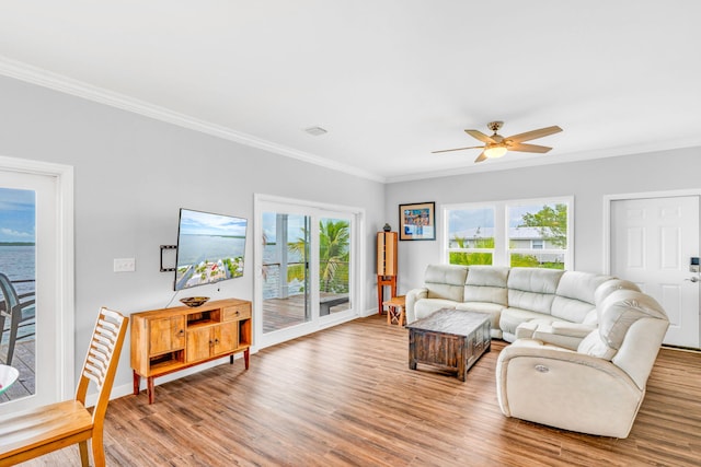 1777 Pine Channel Dr, Little Torch, FL 33042 - living area featuring a ceiling fan, crown molding, and wood finished floors