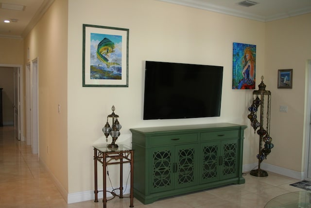 living room featuring crown molding